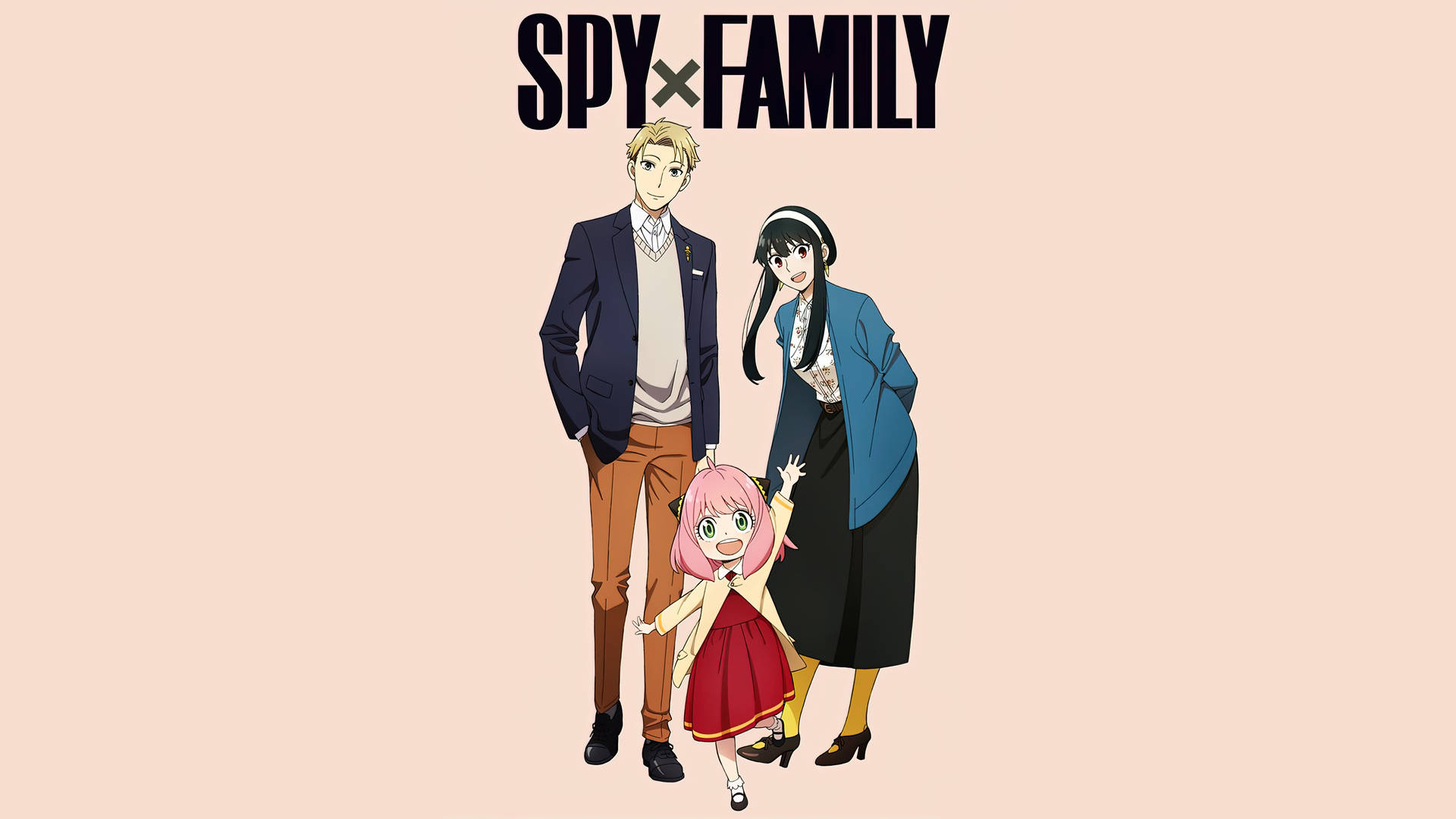 阿尼婭·福杰與洛伊德與約兒 壁紙 — 三個來自《SPY×FAMILY》的動漫角色站在純米色背景前，標題在他們上方。