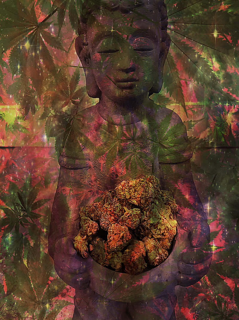 佛像在宇宙葉狀光芒中手持大麻