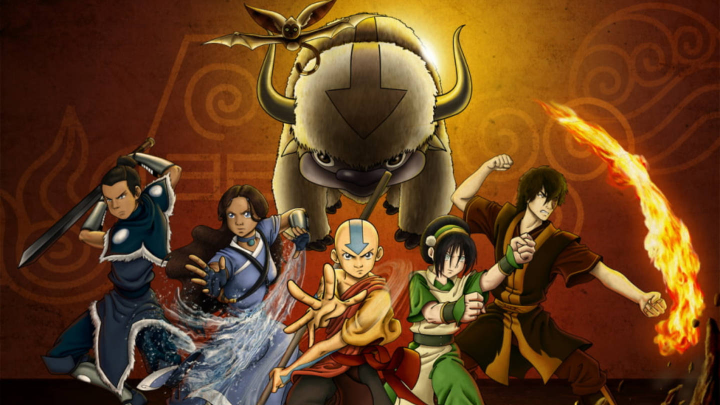 阿帕來自《降世神通》系列 壁紙 — 五位動畫英雄擺出動作姿勢，揮舞元素力量，身後有一頭巨大的牛靈，背景是溫暖的圖案。