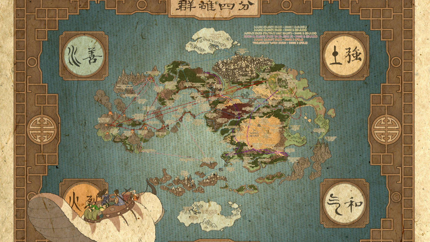 阿帕懸浮於地圖上 壁紙 — 一張古老羊皮紙地圖，描繪一個幻想世界，四個元素國度以符號和風格化地形標示。