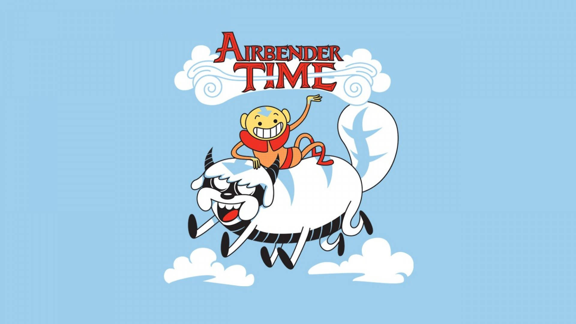 一隻卡通猴子快樂地騎著一個飛行的雲朵生物，帶有「Airbender Time」文字。