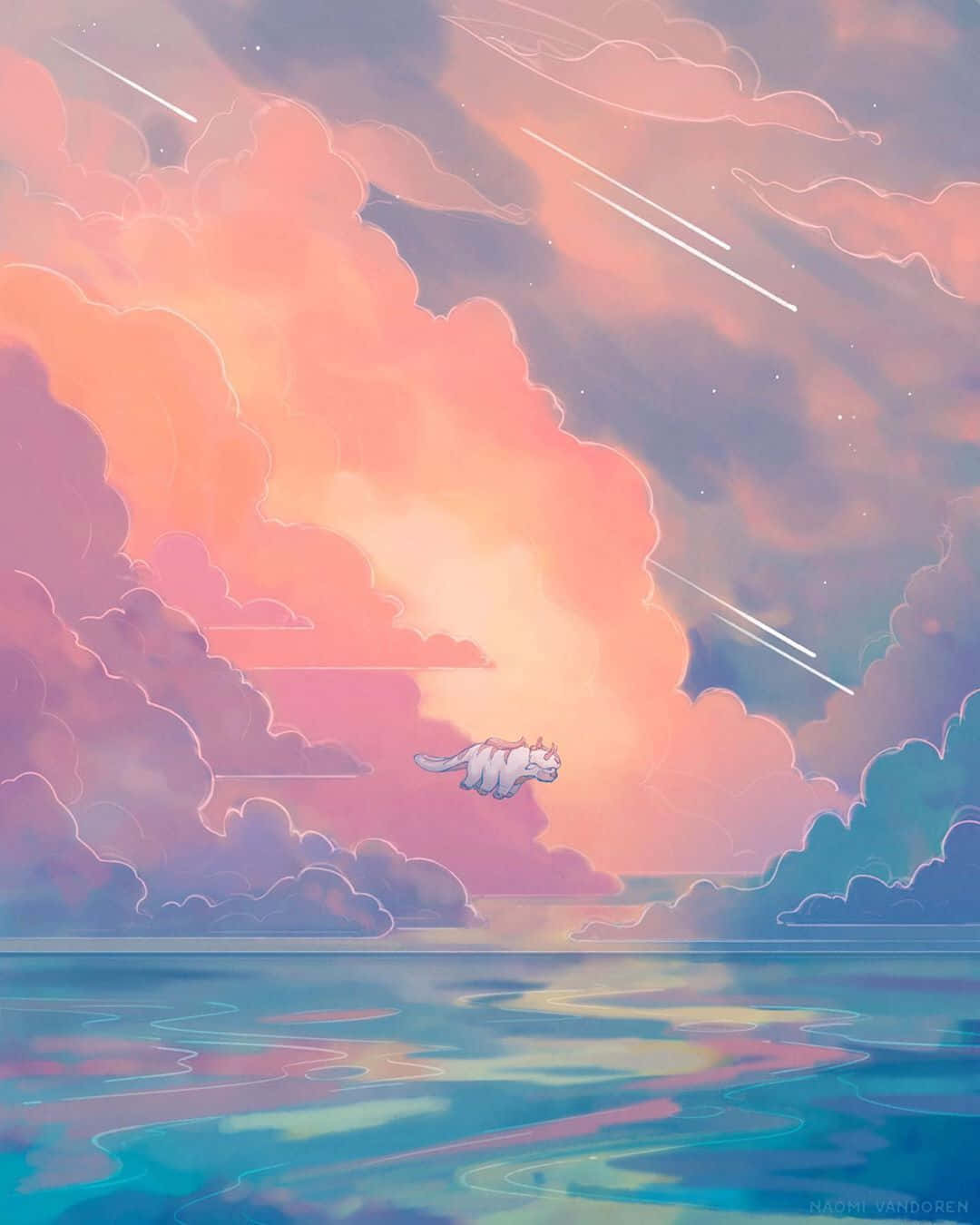 一隻白貓在粉彩天空下飛越平靜的海洋，伴隨著流星。