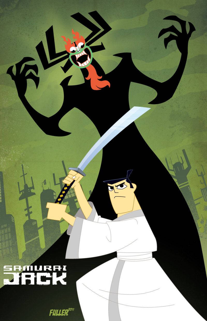 武士傑克在動畫動作場景中與一個怪物反派戰鬥。