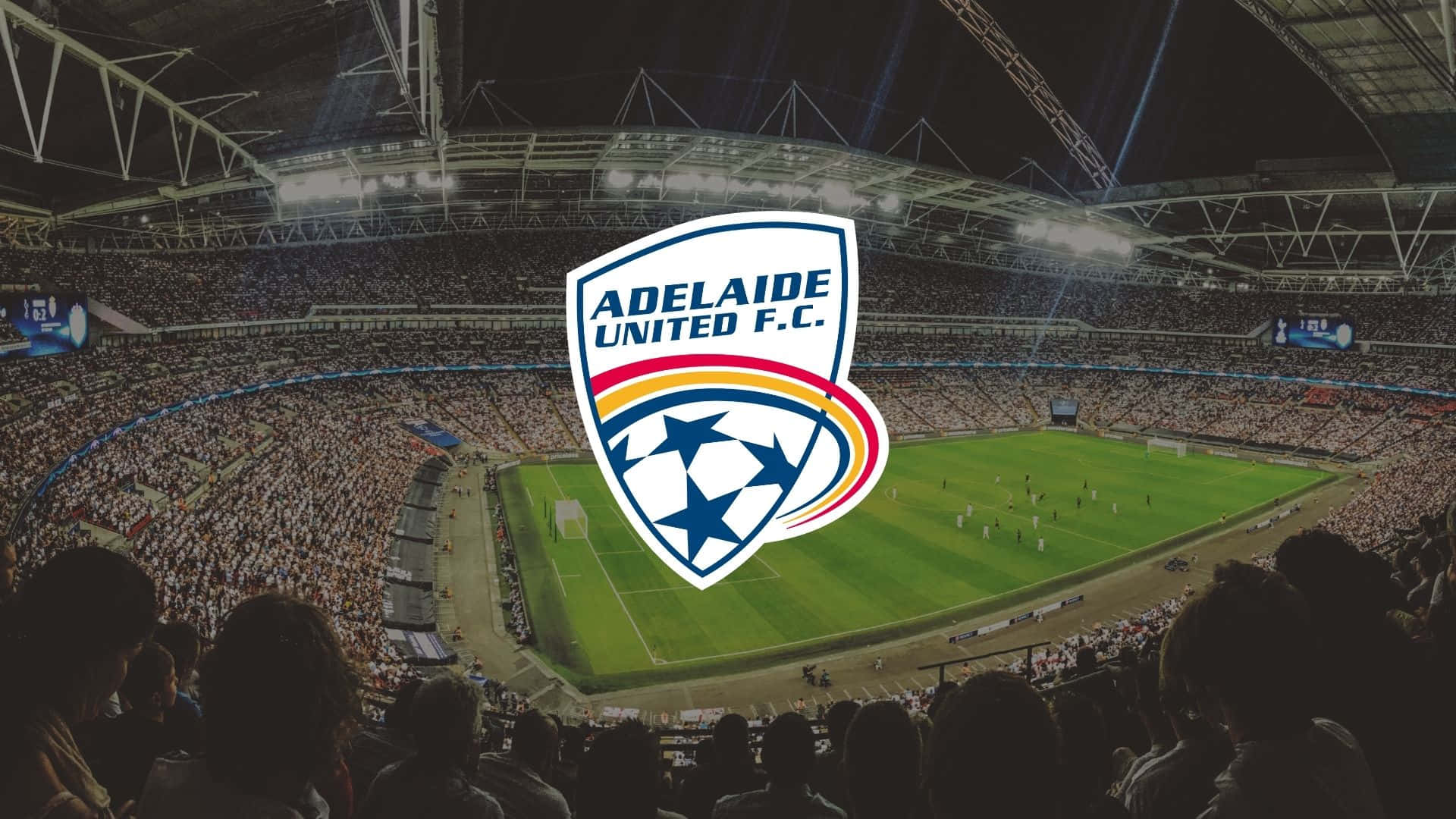 Adelaide United 桌布 壁紙 — 阿德萊德聯足球俱樂部體育場內一場充滿活力的夜間足球比賽，看台座無虛席，耀眼的泛光燈照亮了綠色球場。