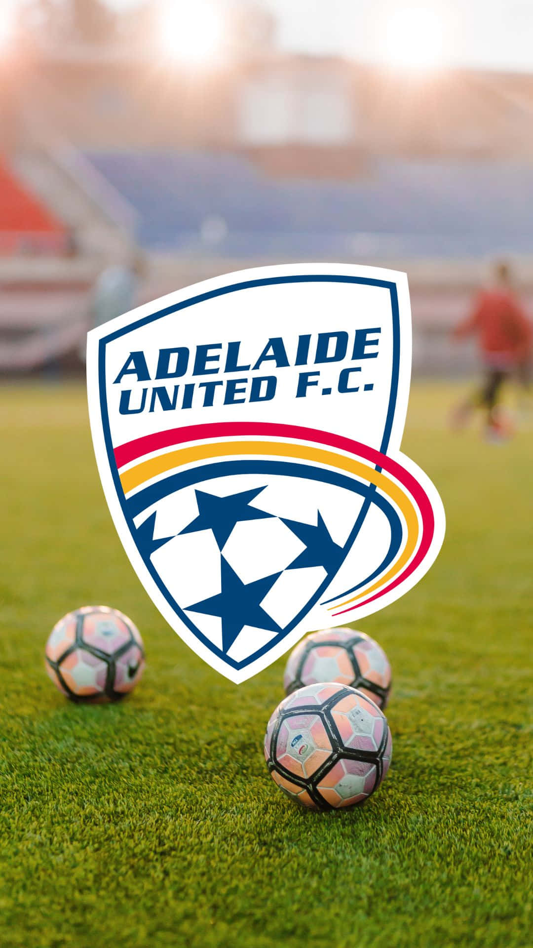 Adelaide United 桌布 壁紙 — 阿德萊德聯足球會標誌顯眼地展示在充滿活力的綠色草地上，背景有足球和模糊的體育場。