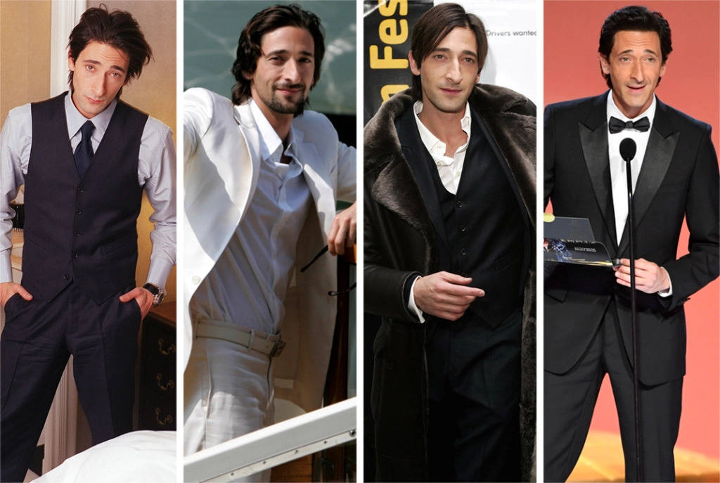 阿德里安·布洛迪照片拼貼 壁紙 — Adrien Brody 以四種時尚姿勢穿著西裝、背心和毛皮大衣，在不同場景中展現風采。
