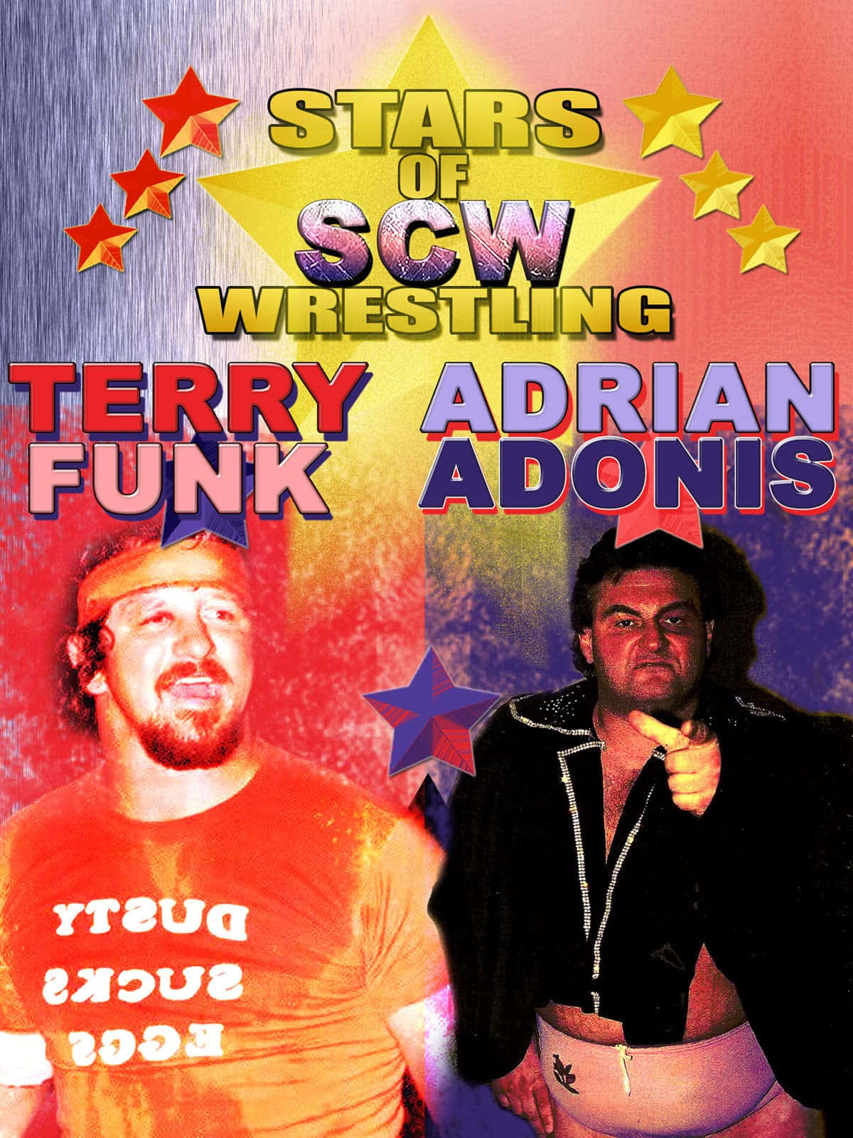 摔角手 Terry Funk 和 Adrian Adonis 在色彩繽紛的宣傳海報上。