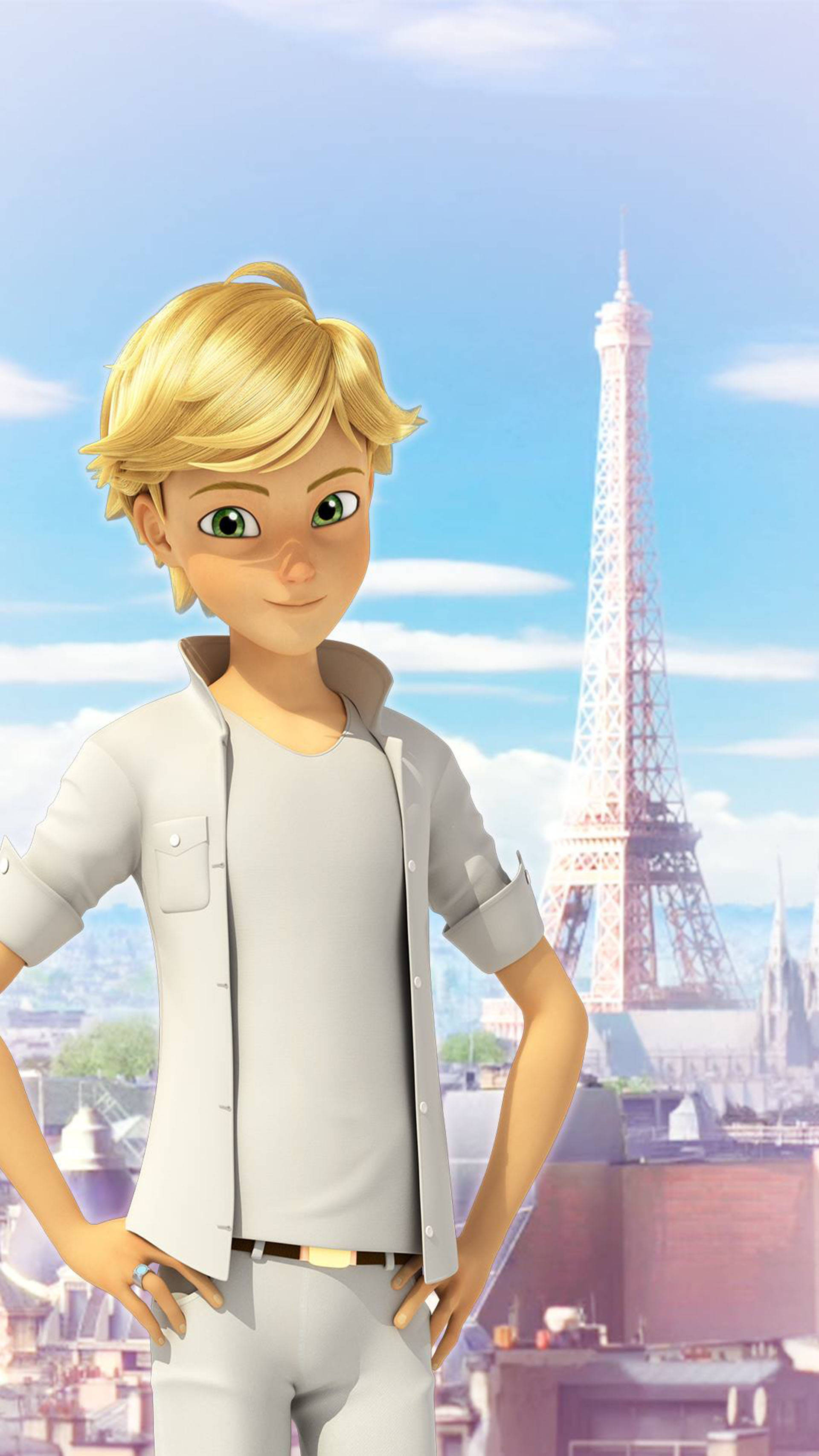阿德里安·阿格雷斯特巴黎城市背景 壁紙 — 一個開朗的金髮動畫男孩自信地站在艾菲爾鐵塔前，背景是晴朗的藍天和蓬鬆的白雲。