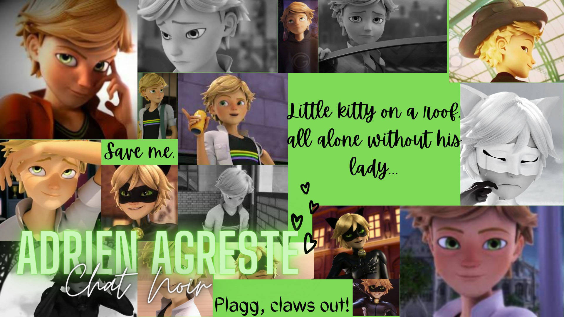 來自《Miraculous》的Adrien Agreste拼貼畫，帶有文字疊加和多種表情。