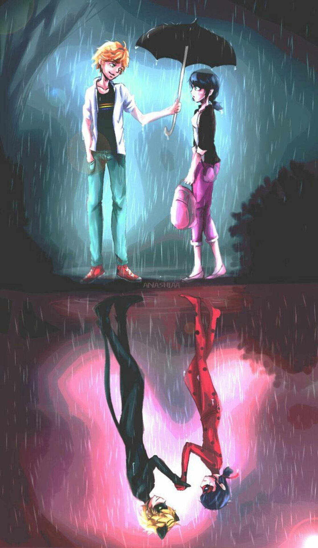 兩個動漫角色在雨中共享一把傘，他們的超級英雄倒影在下方發出粉紅色光芒。