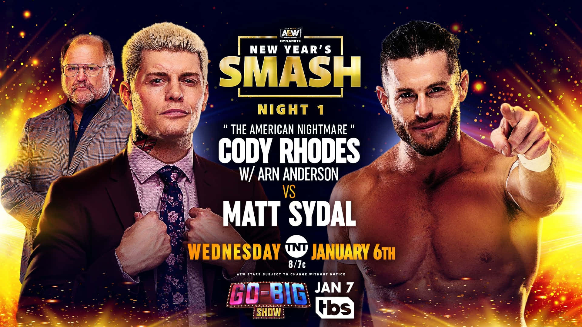 AEW摔角活動海報， featuring Cody Rhodes、Matt Sydal和Arn Anderson。