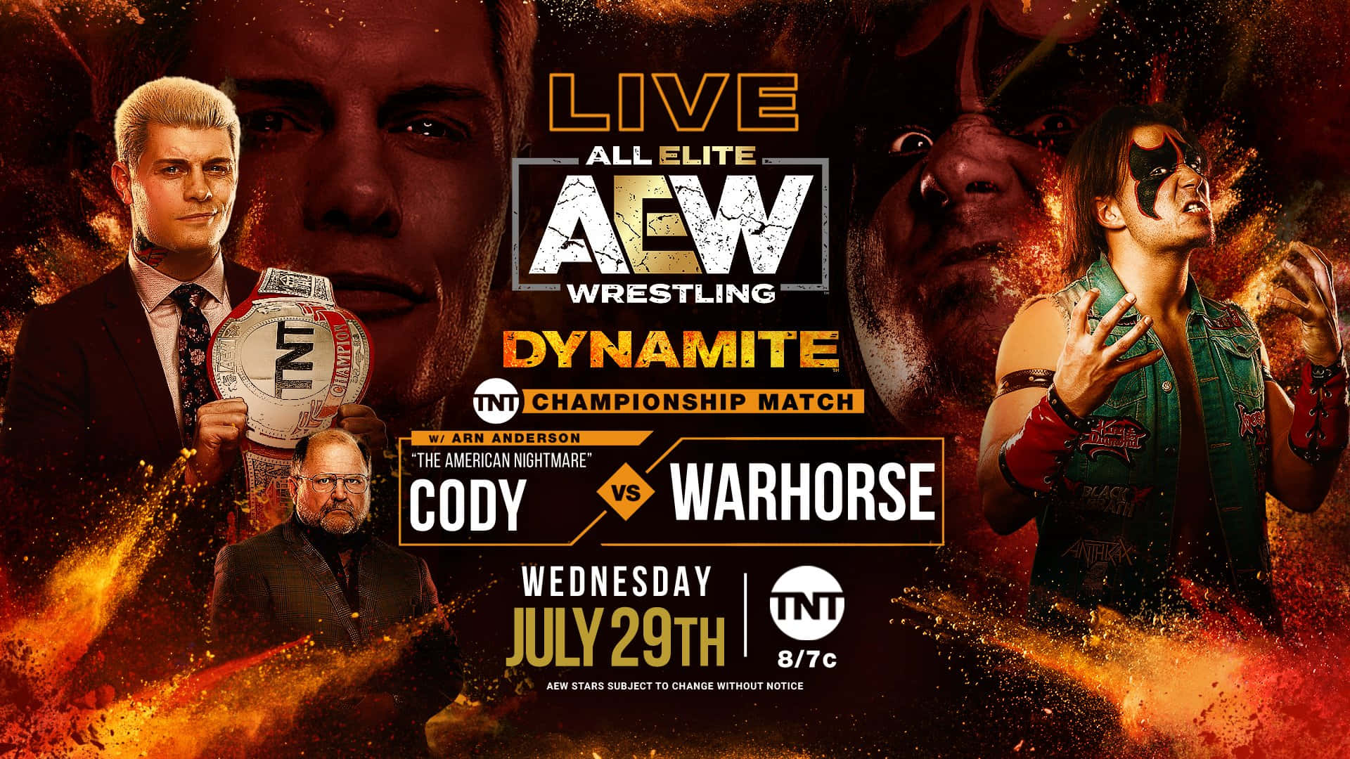 AEW Dynamite摔角賽事海報， featuring Cody vs Warhorse，背景火熱。