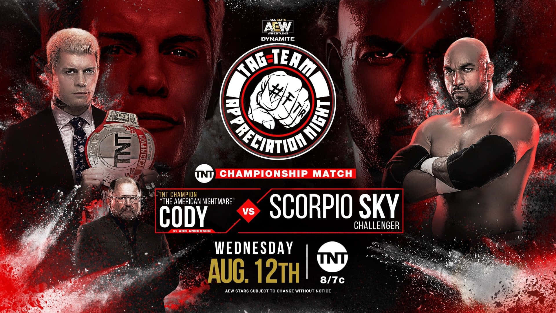 AEW Dynamite摔角賽事海報， featuring Cody vs Scorpia Sky爭奪TNT冠軍。