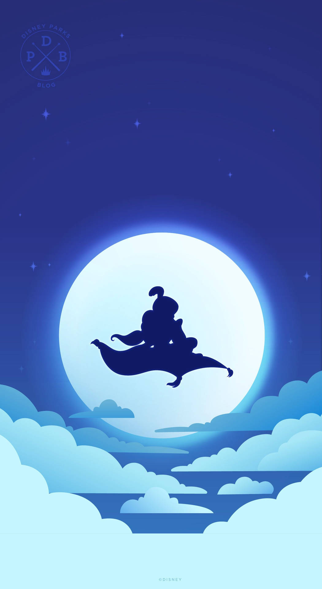 滿月下，剪影人物騎著魔毯飛越雲層。