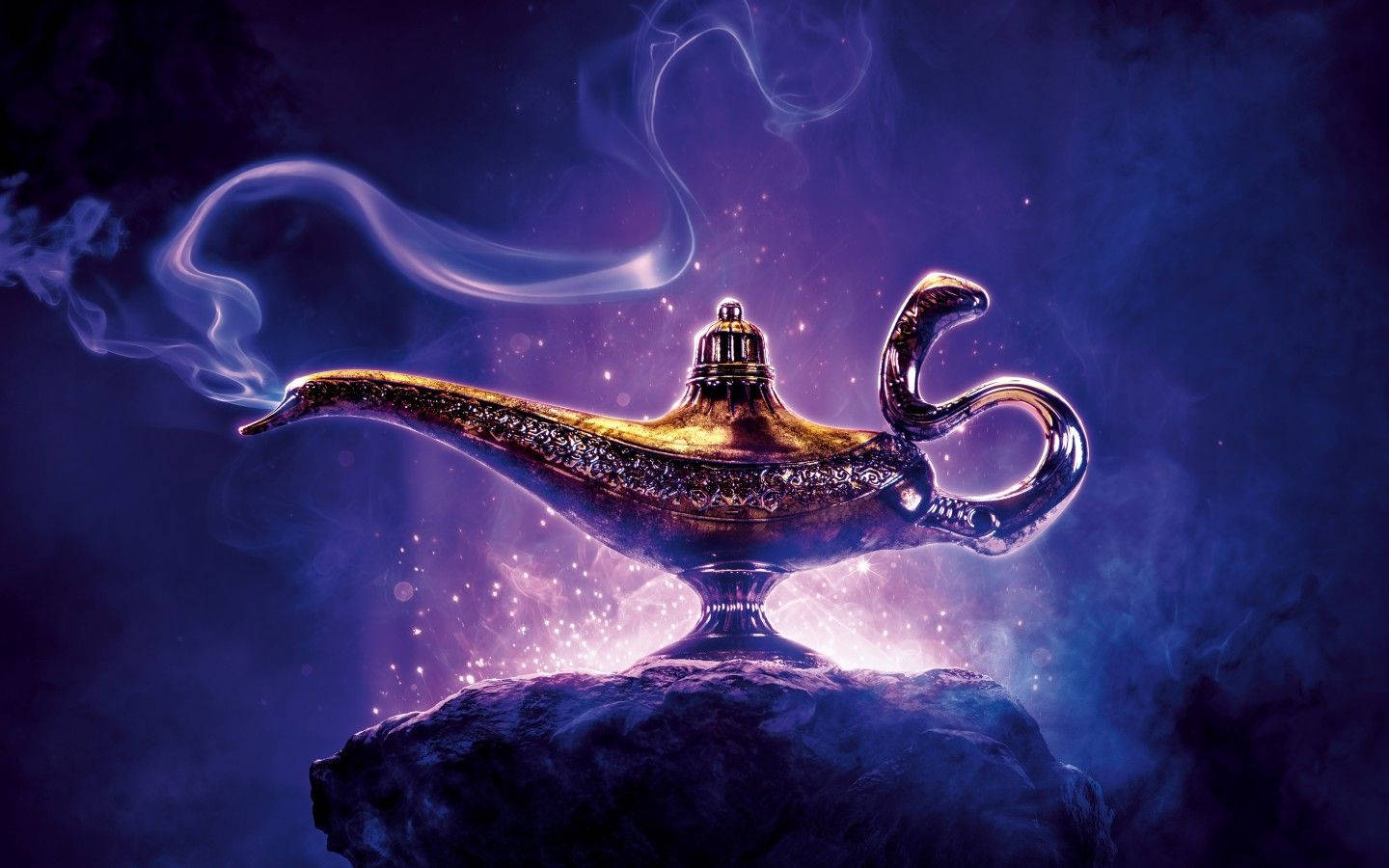 一個發光的神燈在佈滿星星的紫色虛空中，在岩石上釋放出煙霧。