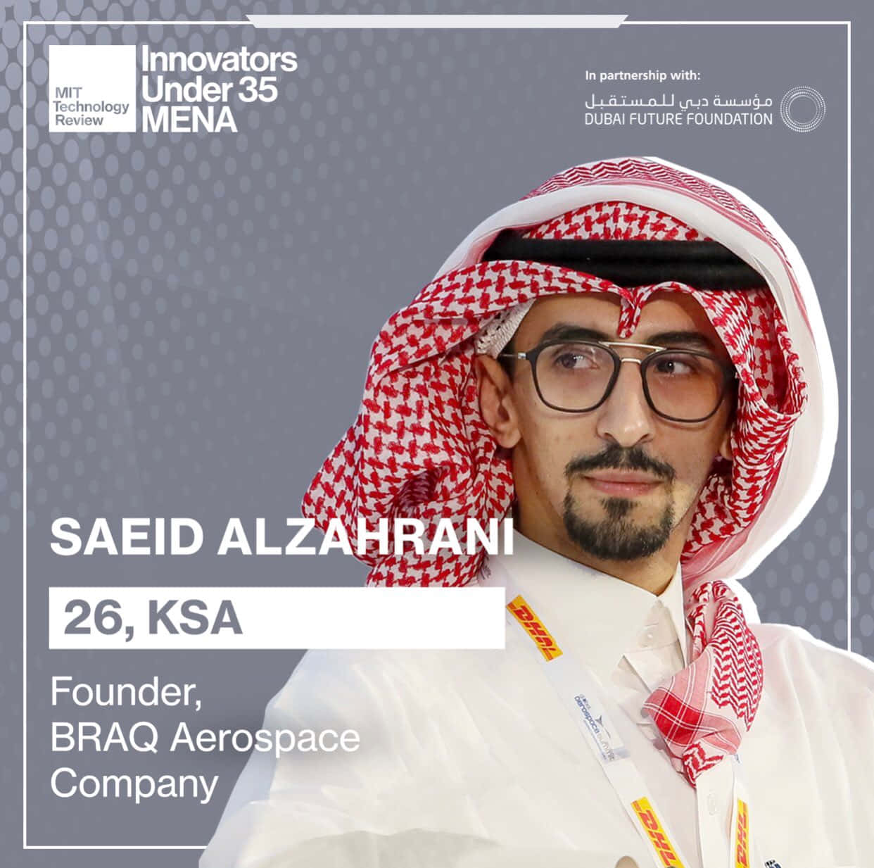 Saeid Alzahrani 的肖像，26歲，沙特阿拉伯，BRAQ Aerospace Company 創辦人，穿著傳統頭巾和眼鏡。