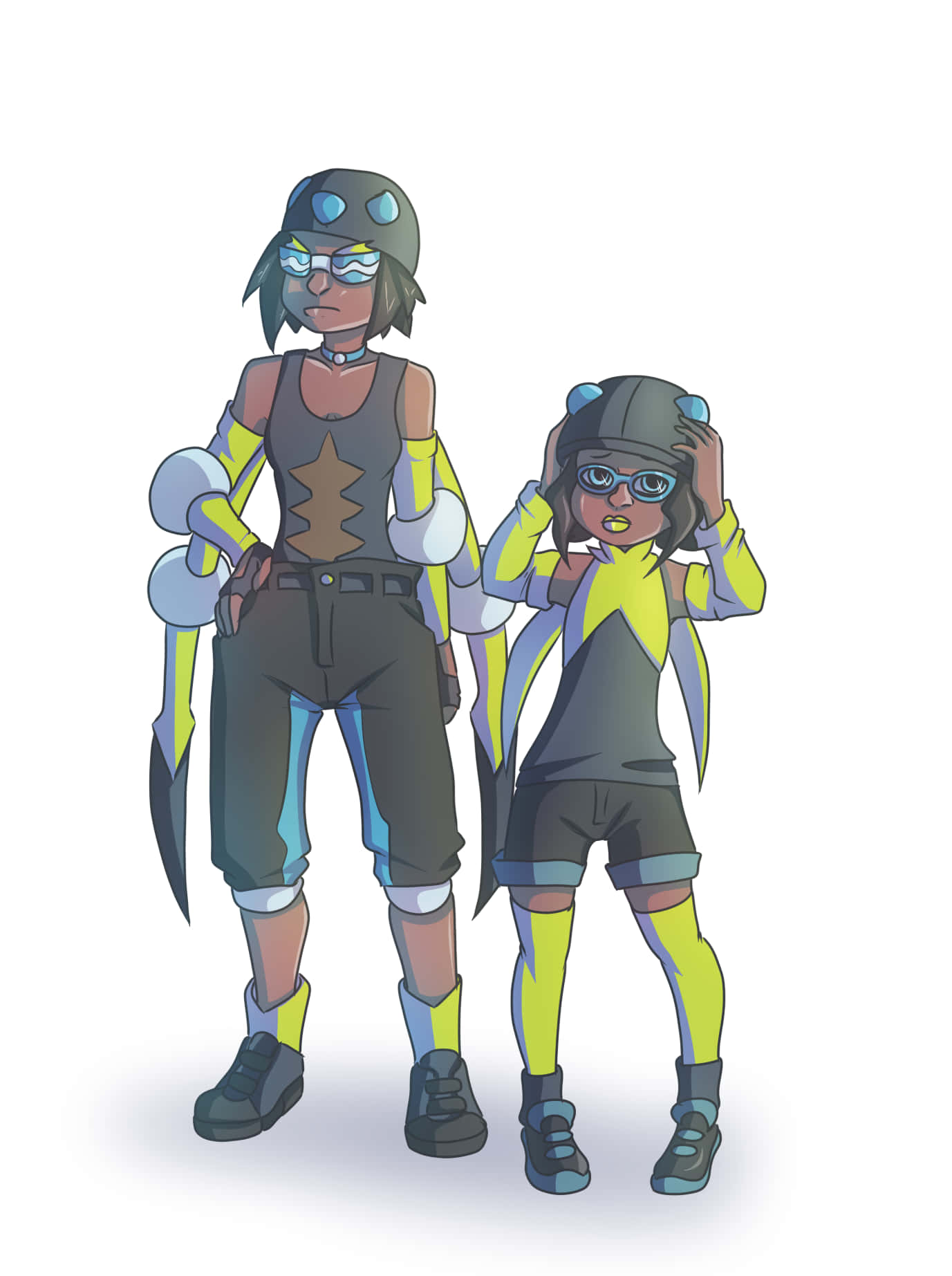 阿拉坎尼德與德普皮德的擬人化形象 壁紙 — 兩個動漫風格角色穿著相配的未來風格裝備，自信地站在純白色背景前。