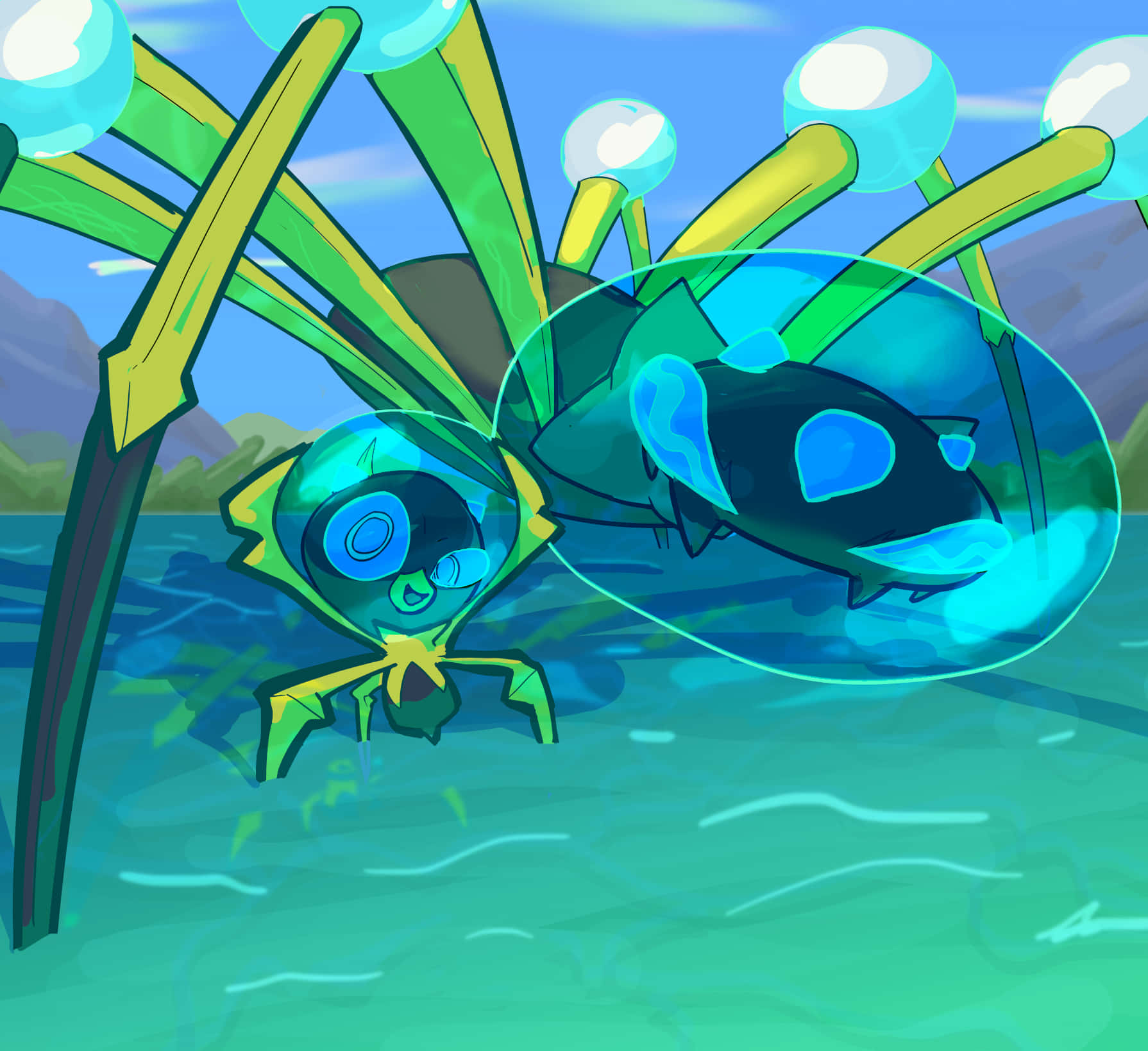 阿拉夸尼德與 Dewpider 一同旅行 壁紙 — 兩隻卡通風格的水生生物，擁有發光的藍色眼睛和綠色四肢，在明亮的天空下於藍綠色水中游泳。