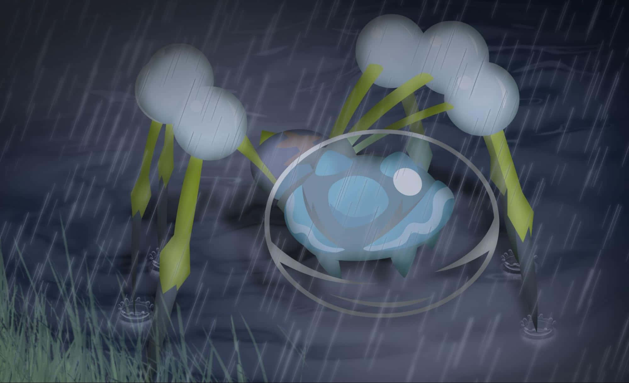 阿拉夸尼德雨中行走 壁紙 — 一隻藍色卡通蟹，擁有雲朵形狀的鉗，在黑暗天空下的雨中站立，邊緣有草。