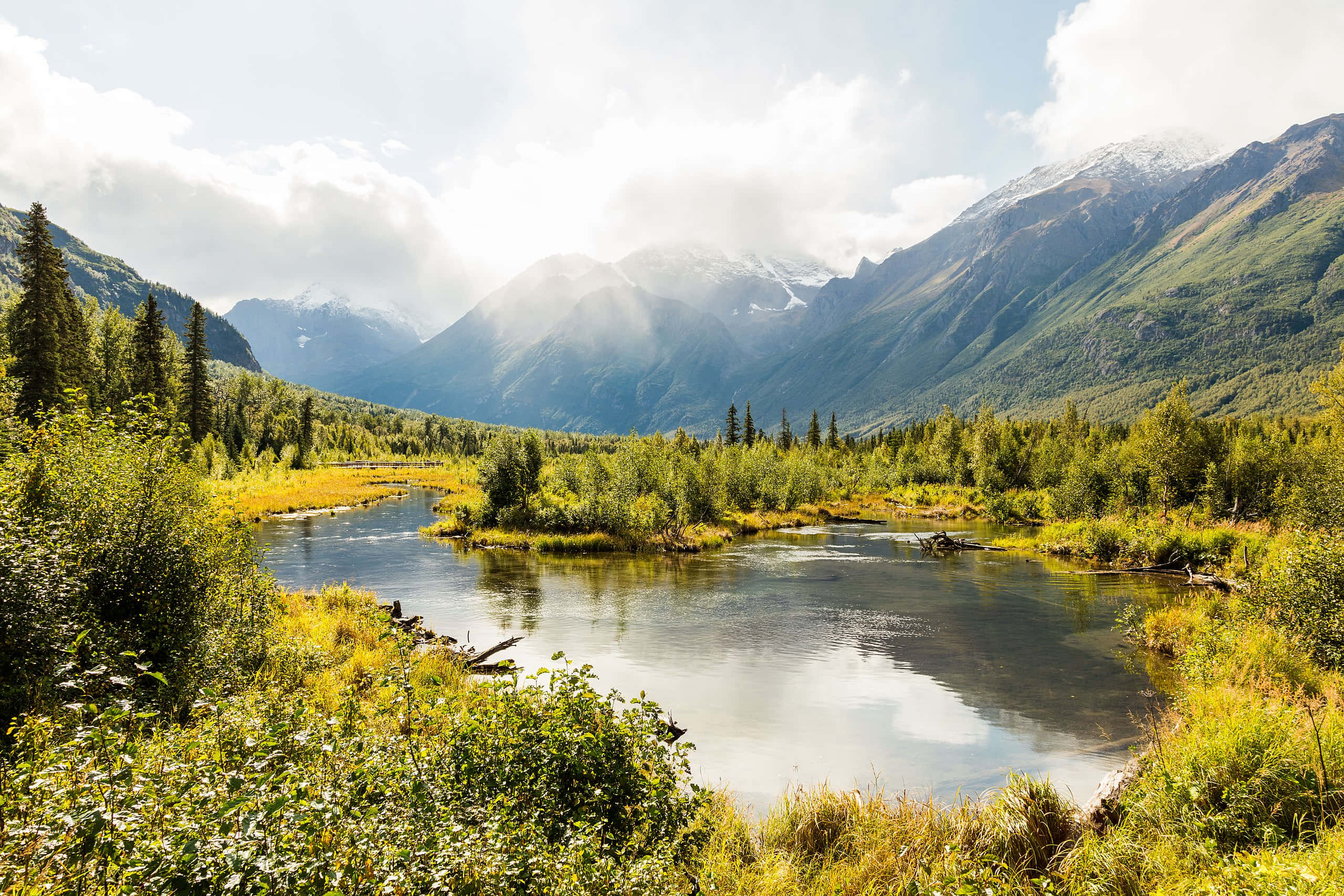 阿拉斯加安克雷奇河流與山景 壁紙 — 一條蜿蜒的河流流經鬱鬱蔥蔥的綠色山谷，兩旁是高聳的雪山，天空明亮，部分多雲。