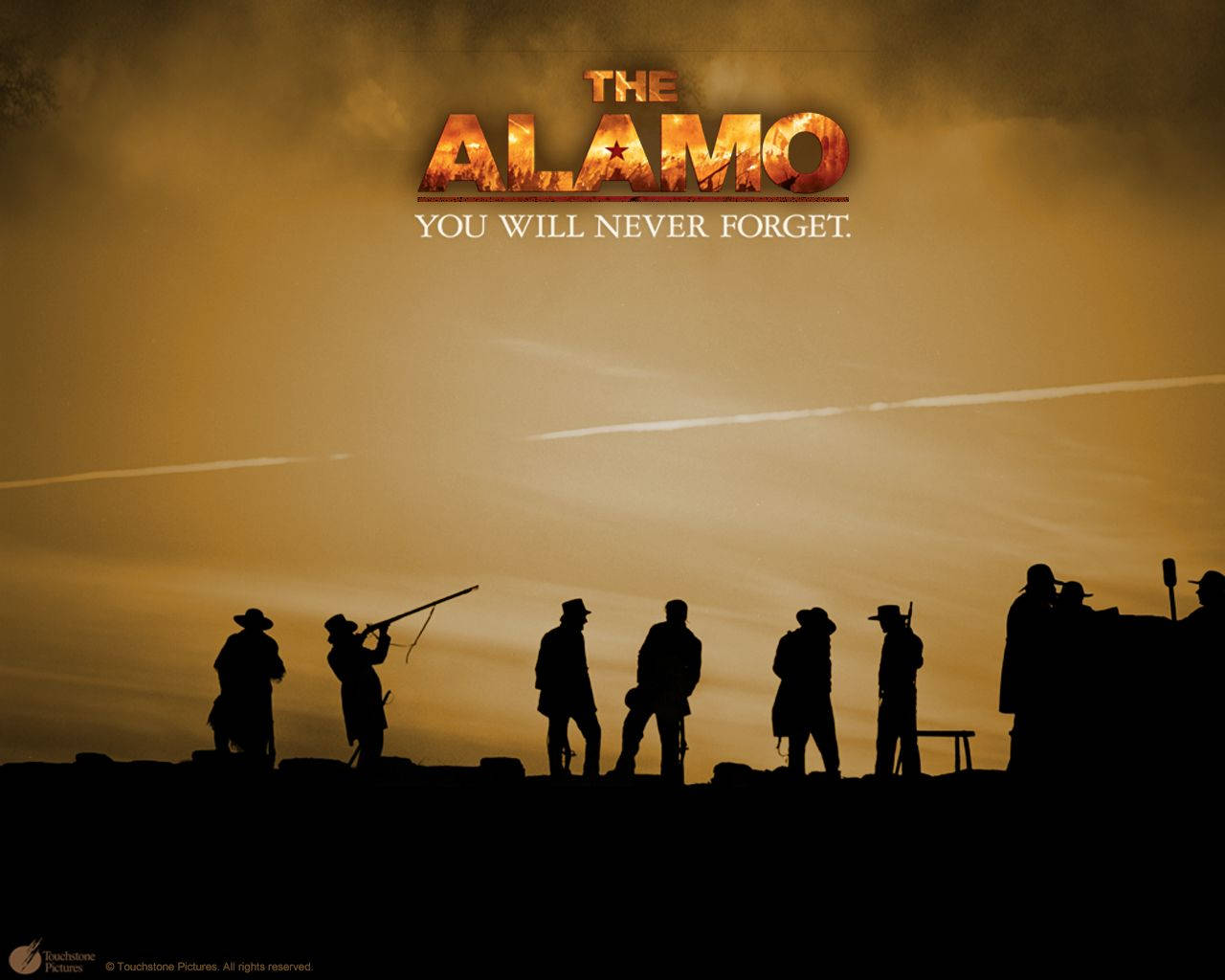 日落時士兵的剪影，上方有『The Alamo』標題。