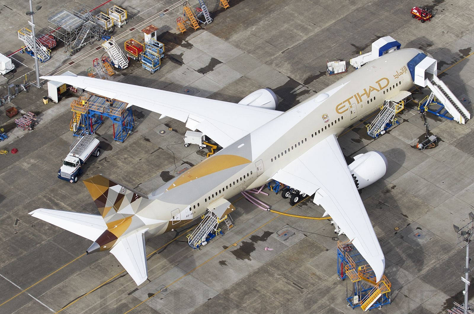 阿提哈德航空飛機停泊在機場閘口，附近有服務車輛。