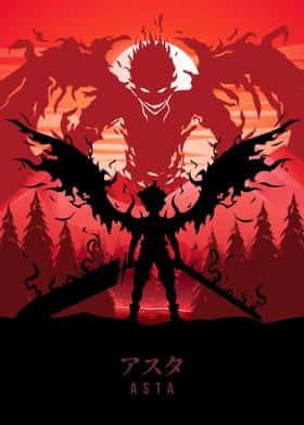 動漫戰士帶翅膀在紅色日落森林中面對惡魔般的人物。