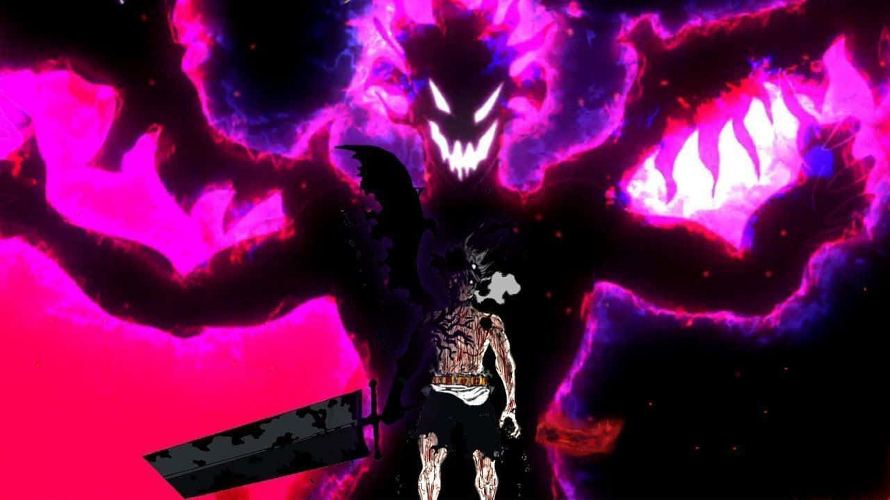 動漫戰士面對一個發光的紫色惡魔，它有鋒利的牙齒和燃燒的爪子。