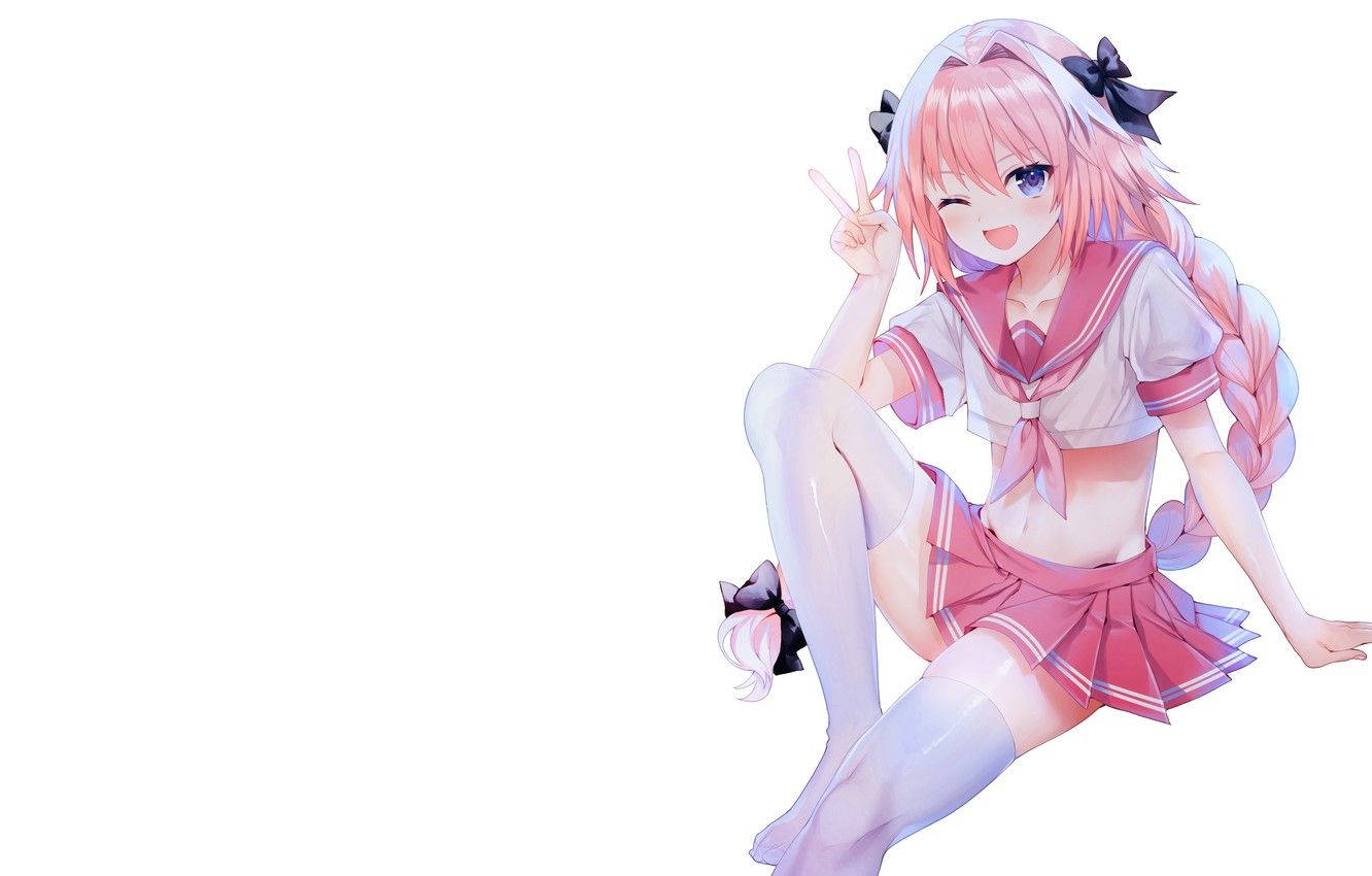 動漫女孩穿著粉紅色水手服微笑並做出和平手勢。