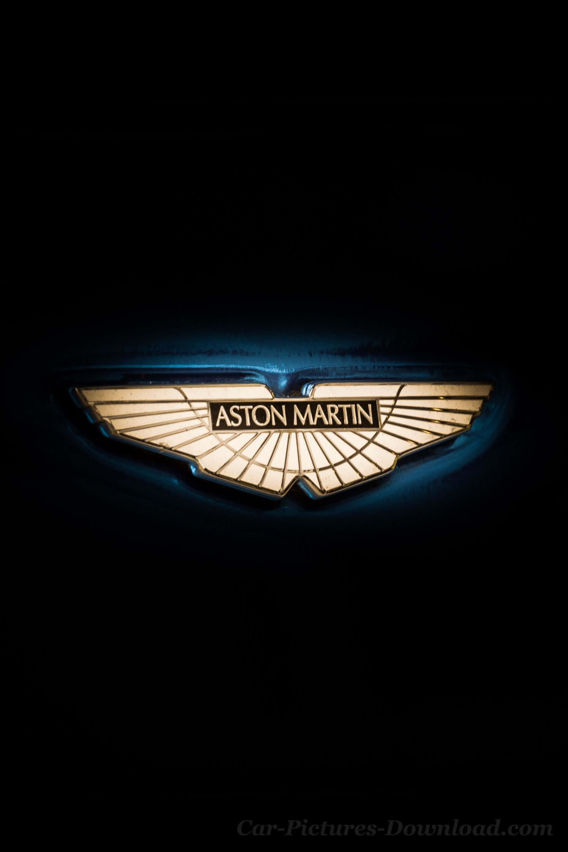 阿斯頓·馬丁的經典設計 壁紙 — Aston Martin 翼形標誌在深黑色背景上發出金色光芒，並以冷藍色照明框住。