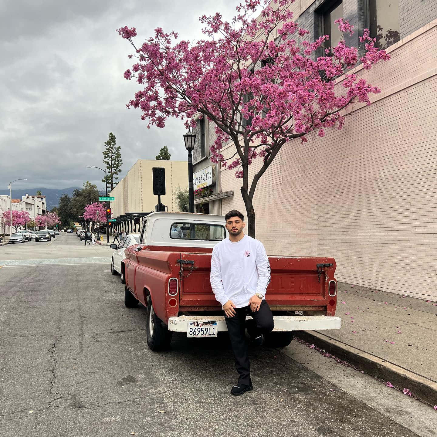 男人靠在復古紅色卡車旁，旁邊是粉紅色花樹，在城市街道上。