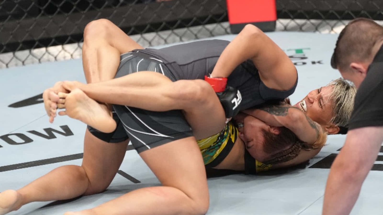 兩名女MMA拳手在八角籠內進行鎖喉纏鬥比賽。
