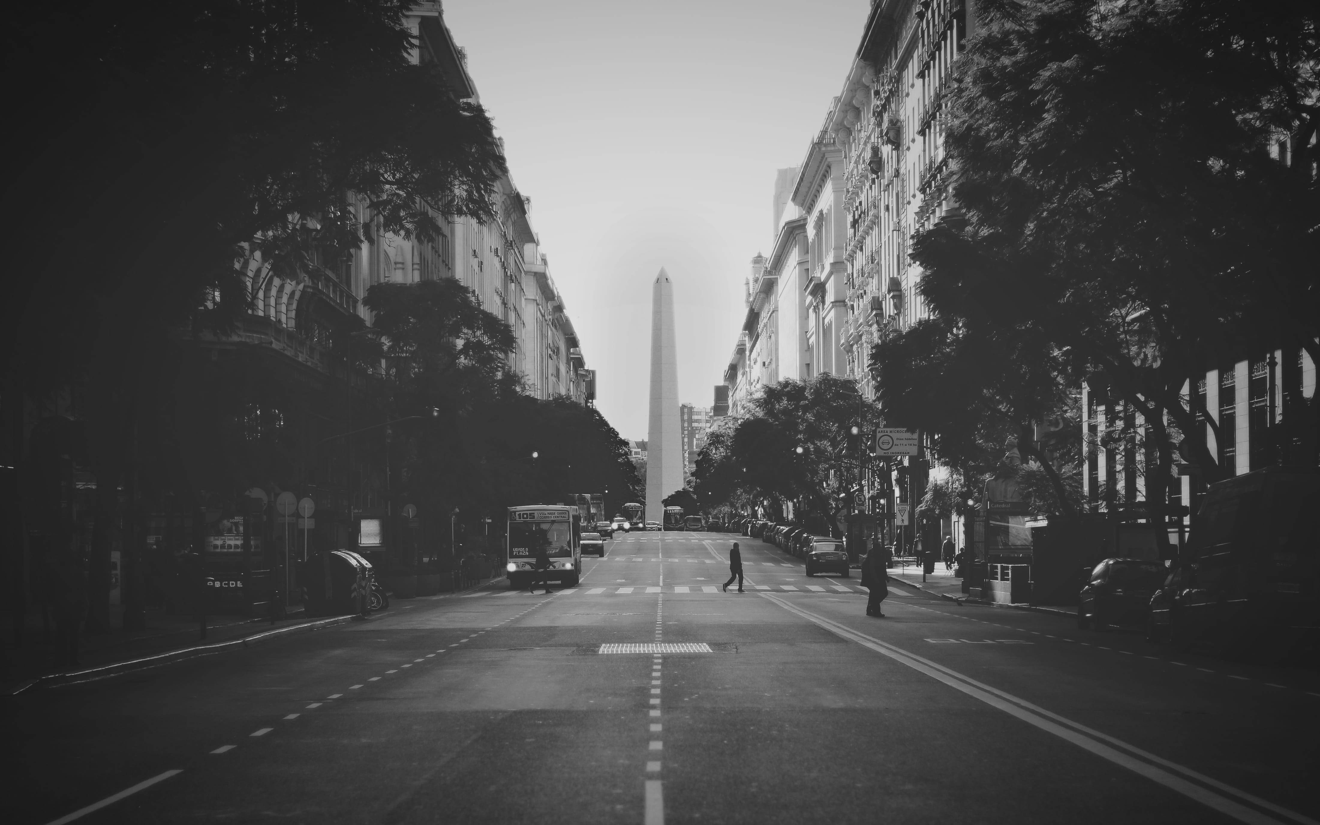 阿根廷方尖碑街景黑白風 壁紙 — 一條黑白城市街道延伸向一座高聳的方尖碑，兩旁有樹木和建築物，還有行人和車輛。