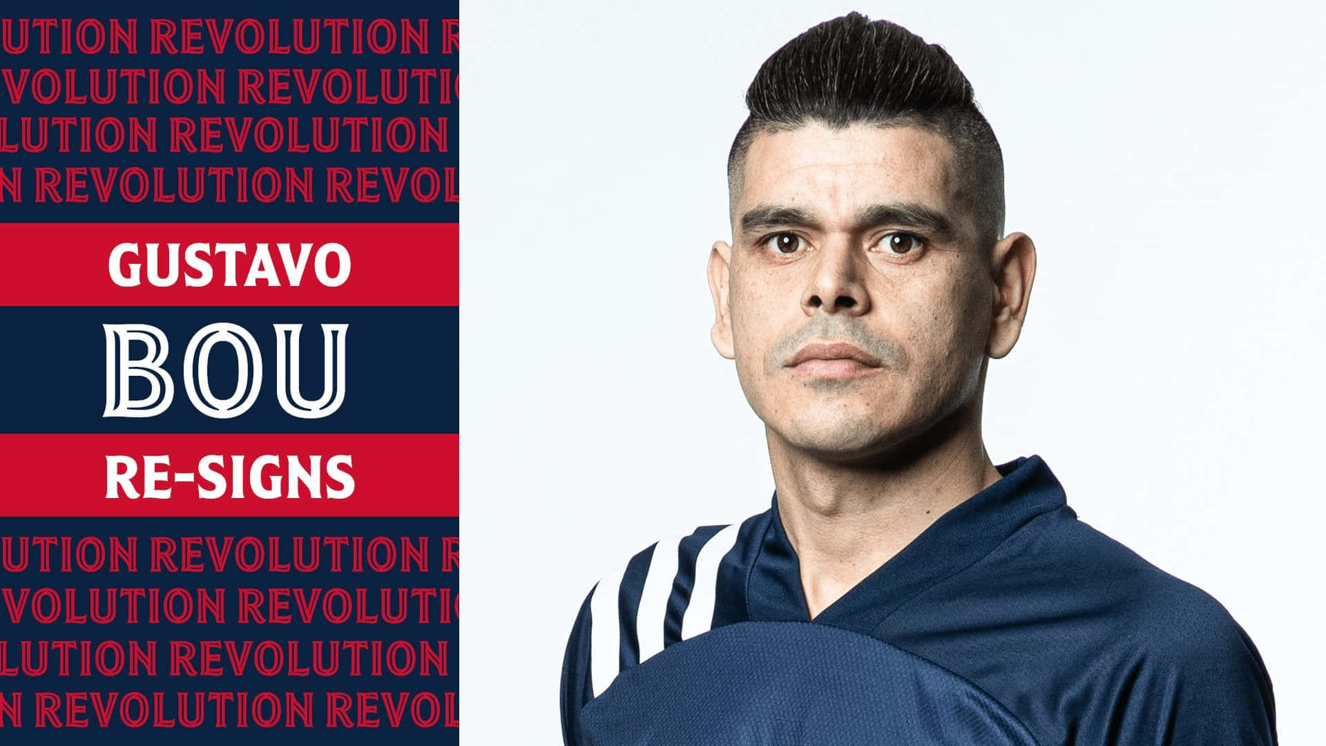 Gustavo Bou 穿著藍色運動球衣的肖像，背景有「革命」文字。