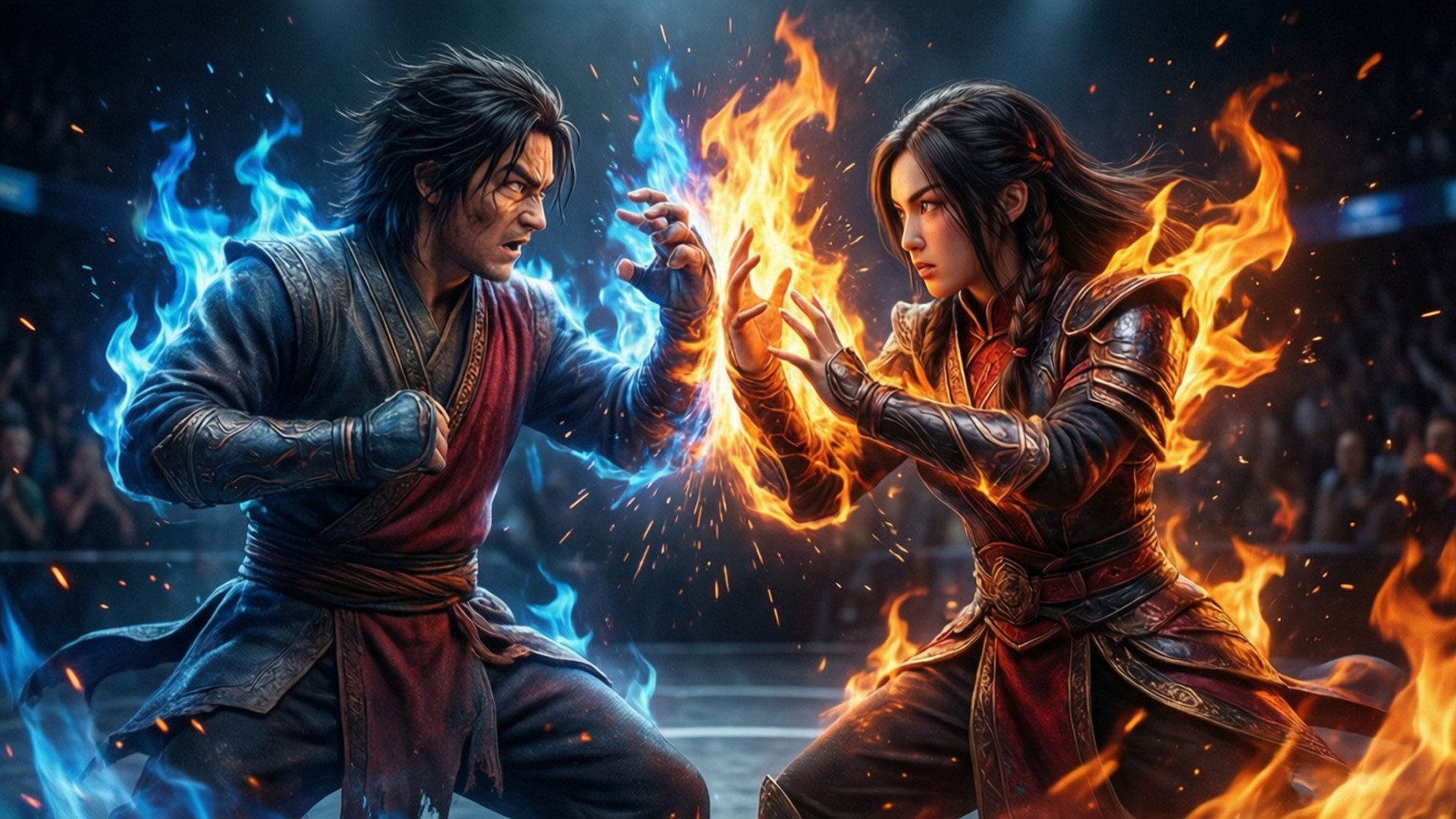 兩名戰士在黑暗競技場中以藍色和橙色元素火焰交鋒。