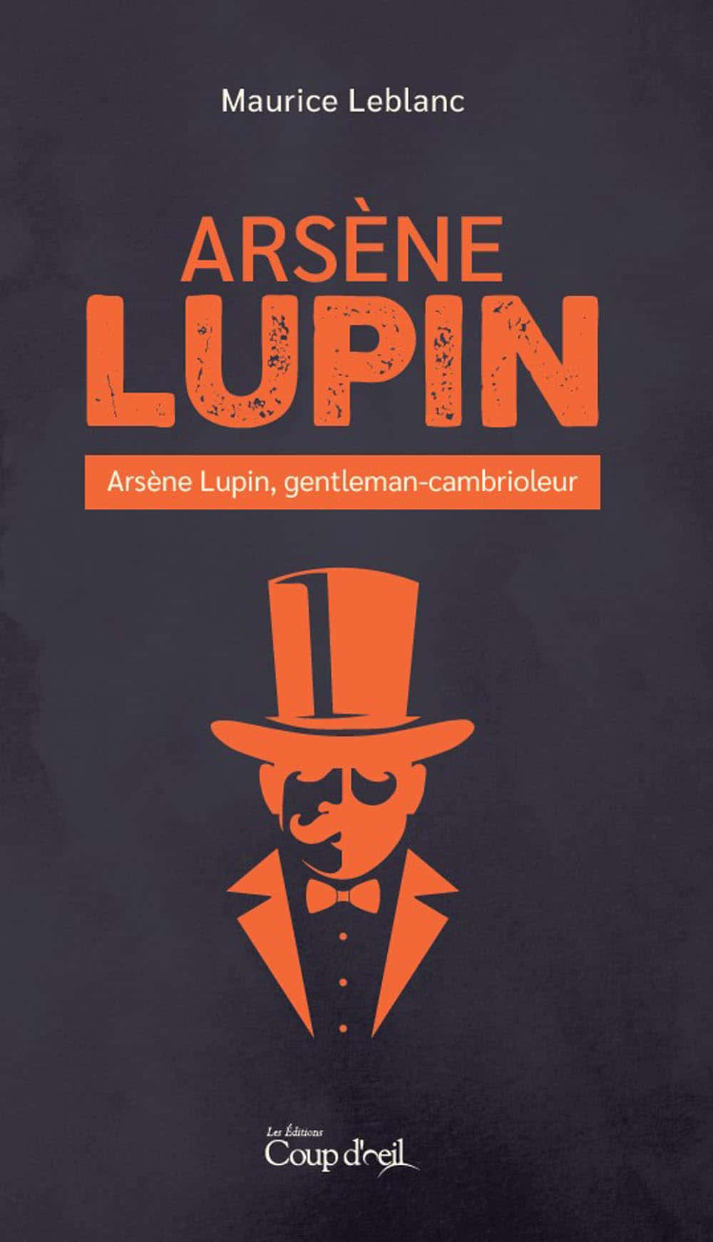 Arsène Lupin 桌布 壁紙 — 阿森·羅蘋戴著高帽和領結的醒目橙色剪影，襯以深色紋理背景及書名文字。
