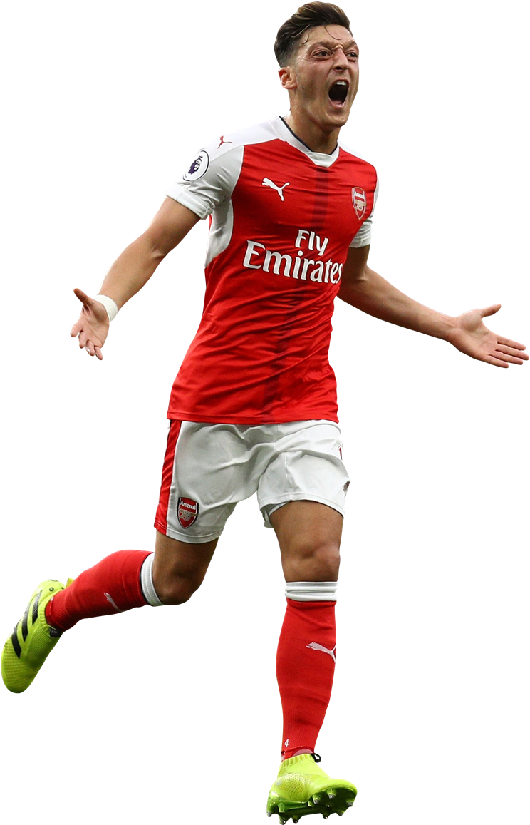 阿森納球員慶祝 壁紙 — 一名身穿紅白球衣的足球運動員在黑色背景前張開雙臂慶祝。