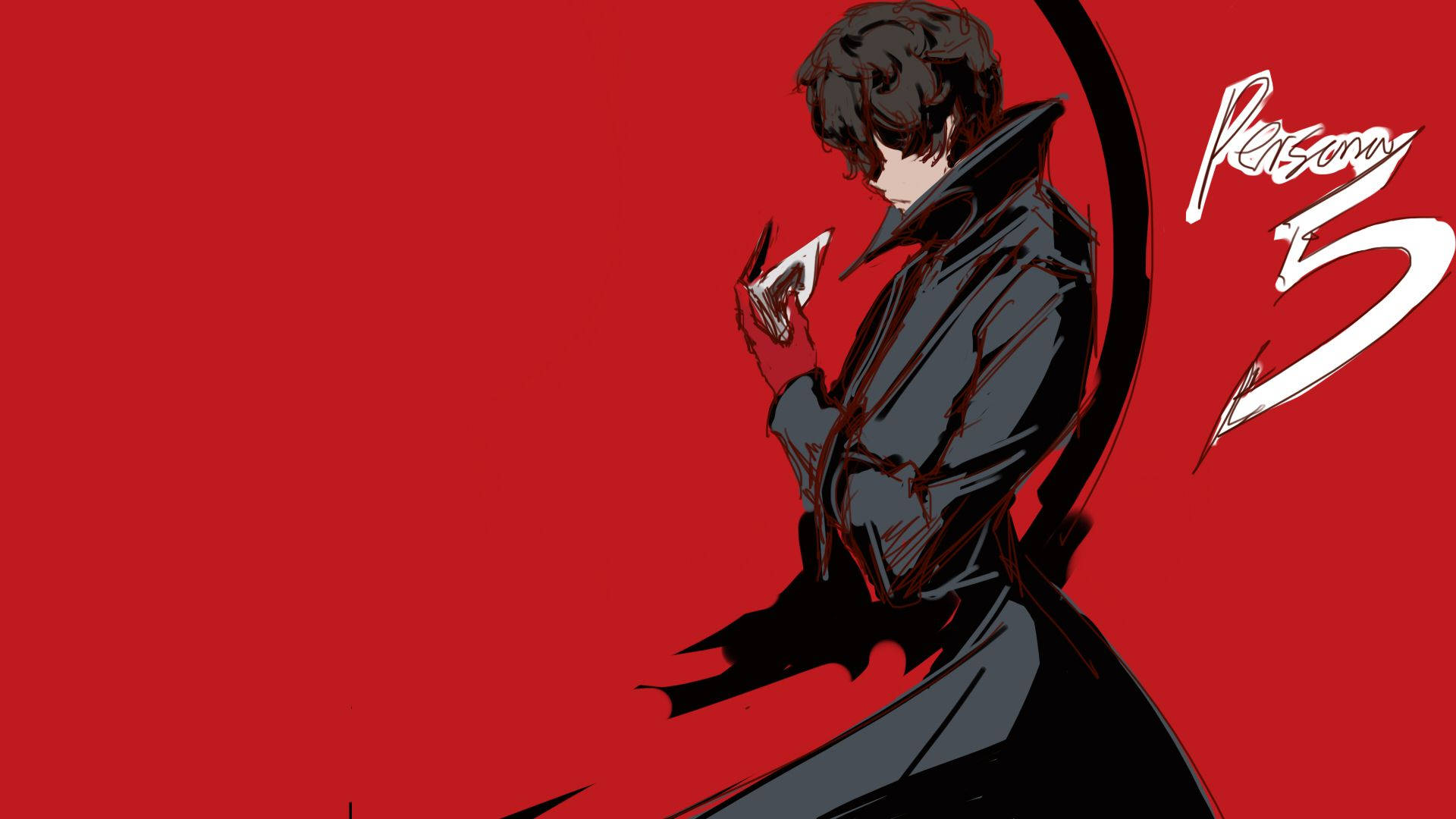 動漫角色穿著深色外套，在紅色背景前手持帶有Persona 5標誌的卡片。