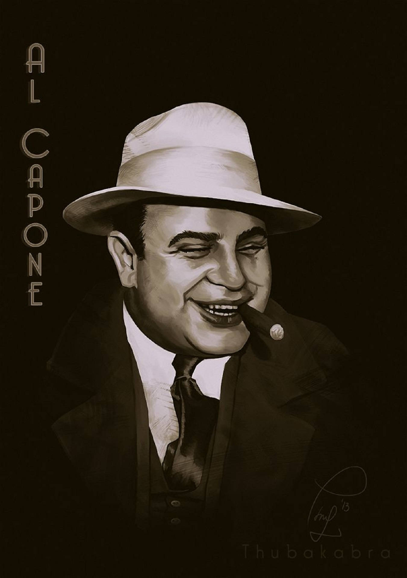 阿爾·卡彭數位繪畫 壁紙 — 一張深色背景下的艾爾·卡彭（Al Capone）戴著軟呢帽、穿著西裝、嘴裡叼著雪茄微笑的棕褐色調肖像。