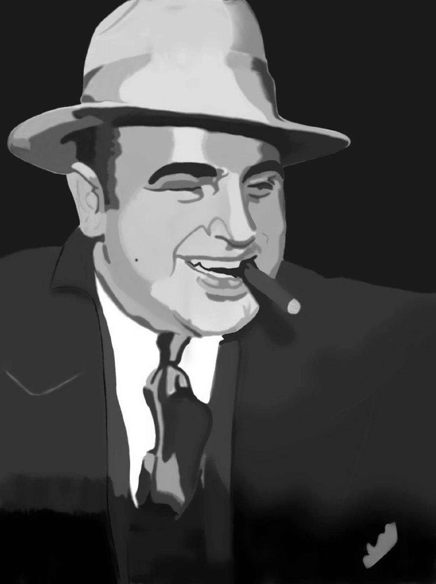 阿爾·卡彭數位藝術 壁紙 — 一個風格化的黑白肖像，描繪一位戴著軟呢帽和西裝、微笑著手持雪茄的男子，背景為深色。