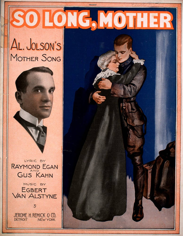 阿爾·喬爾森《再見，媽媽》歌曲 壁紙 — Al Jolson 的《So Long Mother》復古樂譜封面，以深藍色背景為襯托，展現男女之間的溫柔擁抱。