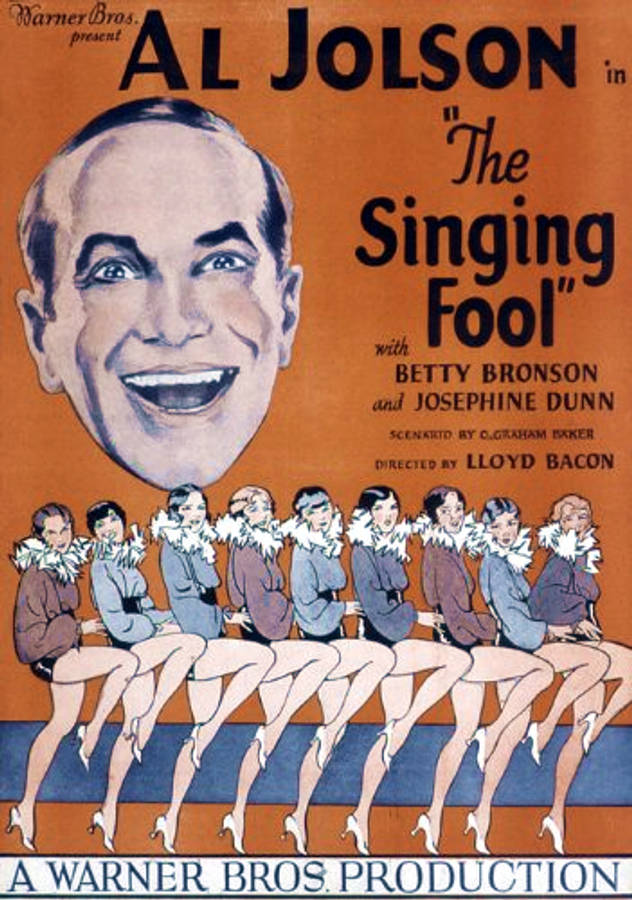 阿爾·喬爾森《唱歌的傻瓜》 壁紙 — 1930年代復古電影海報《The Singing Fool》，描繪巨大的微笑阿爾·喬爾森在一排迷人的飛女郎舞者之上。