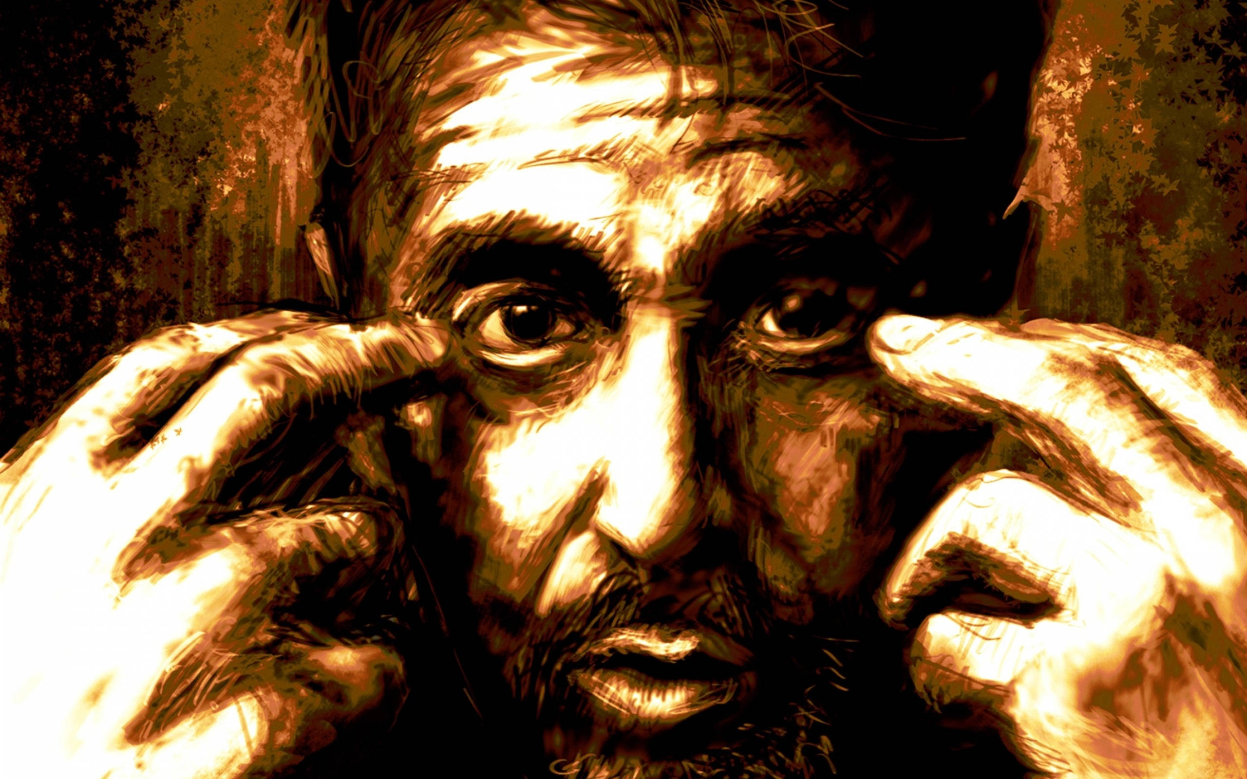 阿爾·帕西諾素描藝術 壁紙 — 一幅粗糙的數碼藝術肖像，描繪一個疲憊的男人在刺眼金色燈光下雙手按壓太陽穴。