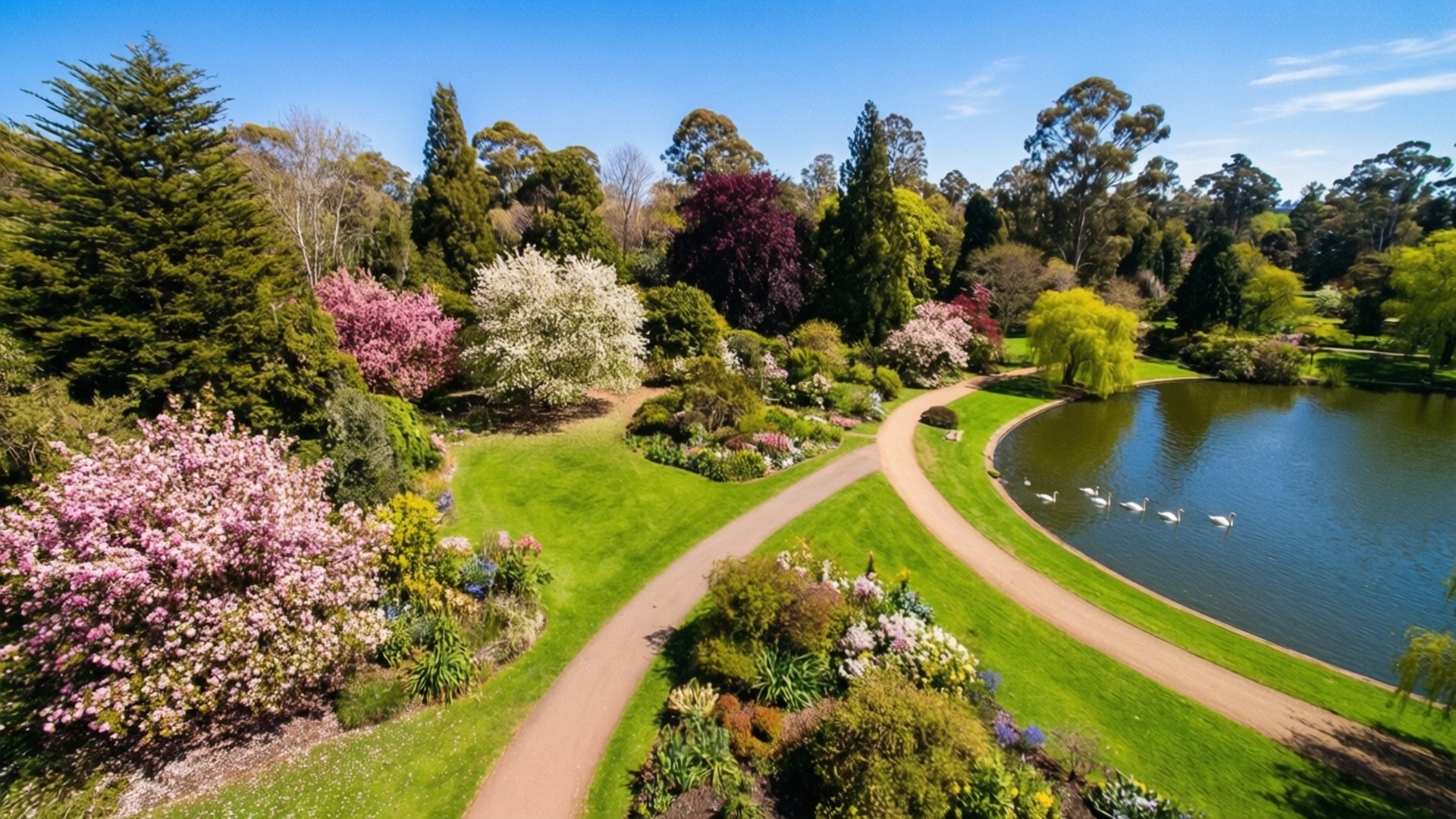 阿爾伯里植物園春日 壁紙 — 俯瞰一個充滿活力的花園，蜿蜒的小徑盛開著粉紅色、白色和紫色的花朵，旁邊是一個平靜的湖泊，有天鵝。