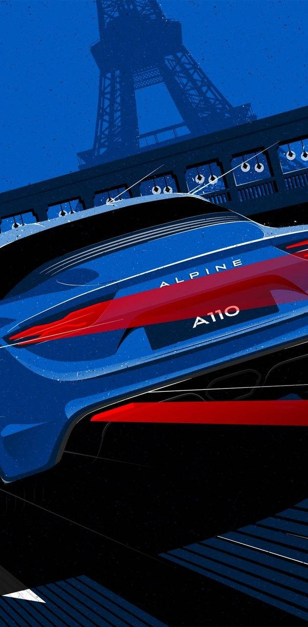 夜晚以艾菲爾鐵塔為背景的藍色Alpine A110跑車。