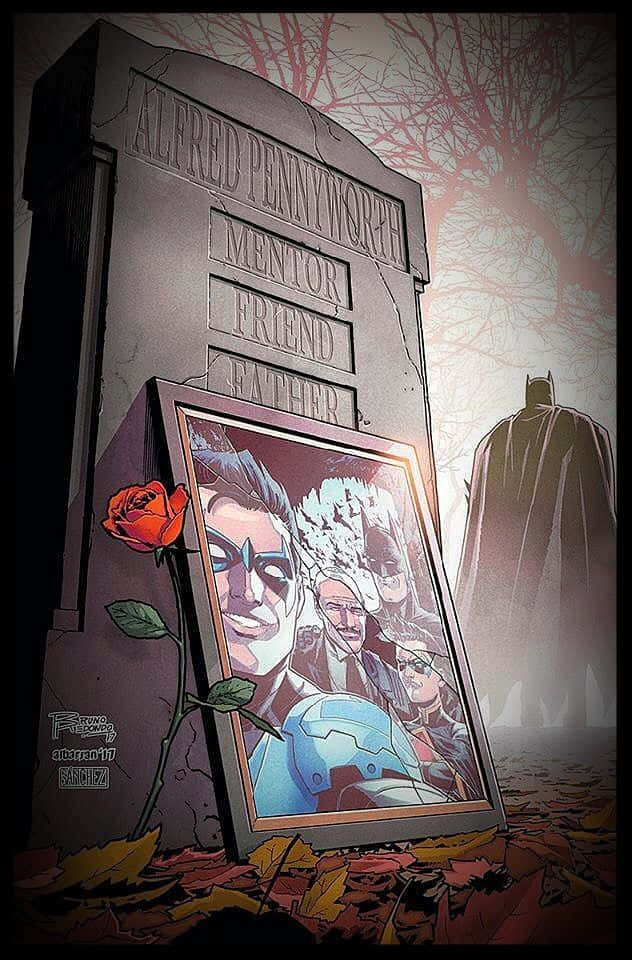Alfred Pennyworth 桌布 壁紙 — 阿爾弗雷德·潘尼沃斯的莊嚴墓碑，附有他與蝙蝠俠的相框照片、一朵紅玫瑰和一棵光禿樹下的秋葉。
