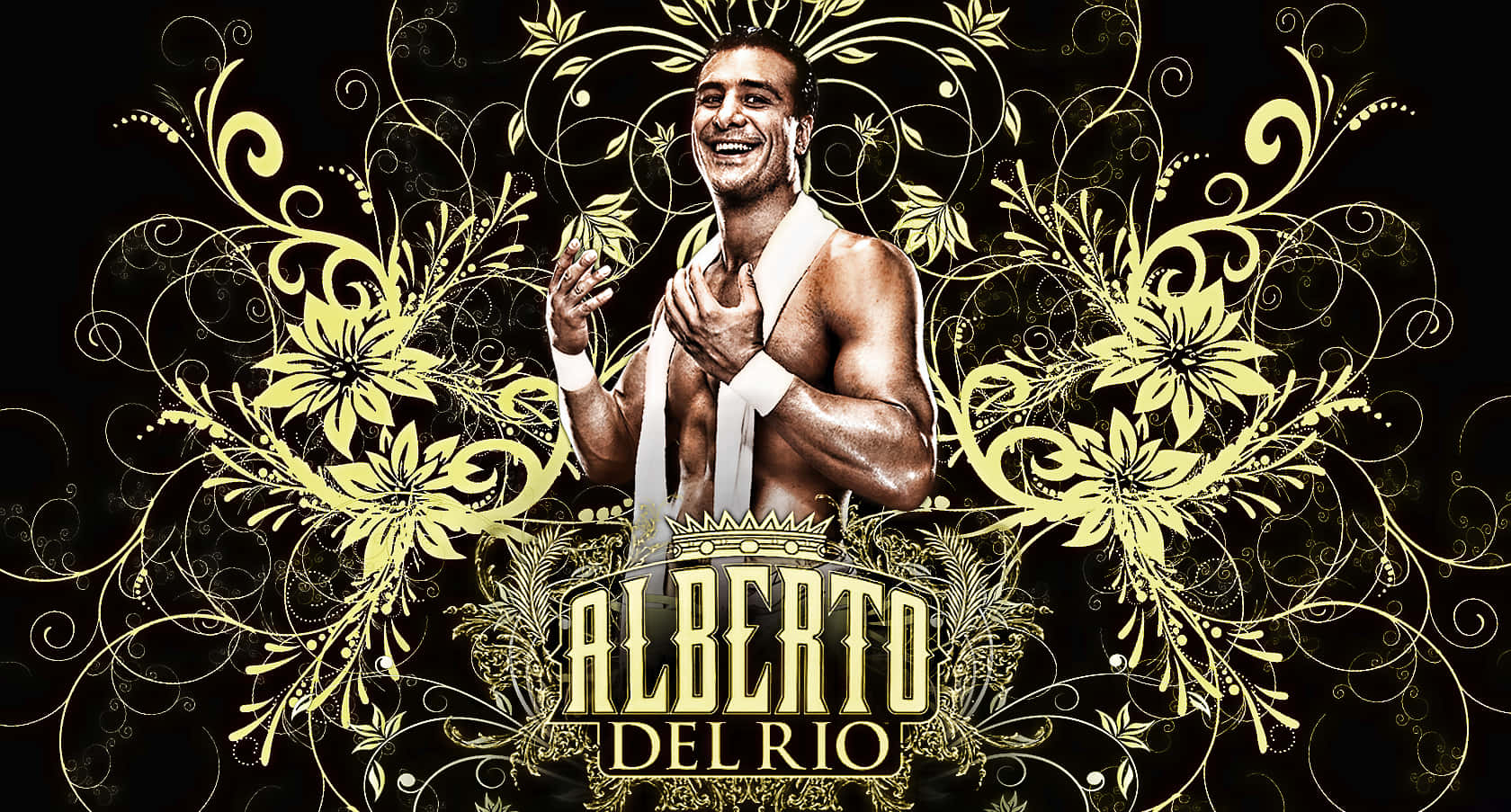 摔角手Alberto Del Rio微笑，周圍有金色花卉設計。
