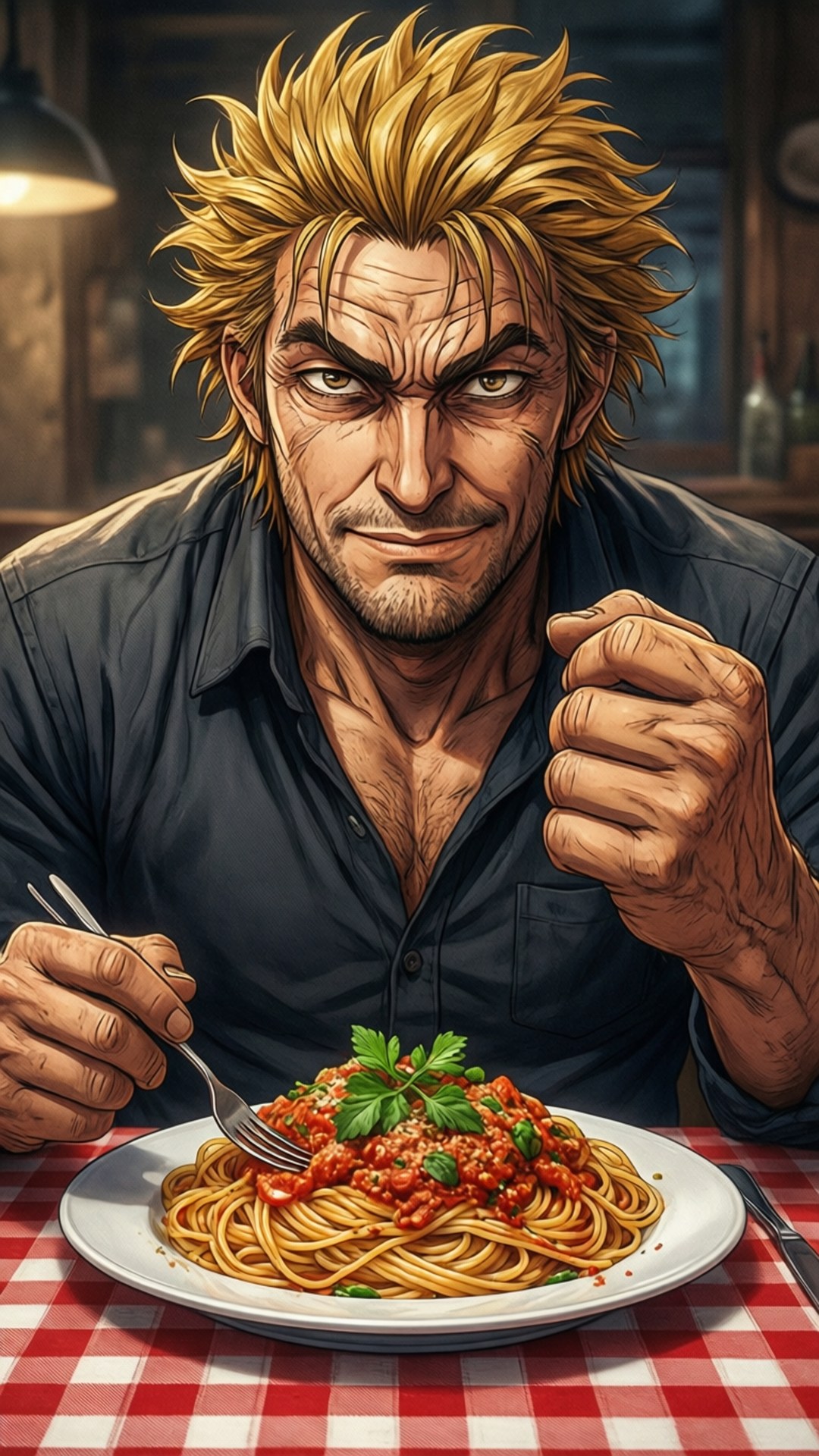 一個肌肉發達、金髮豎立的男人，在紅色格子枱上吃番茄醬意粉。