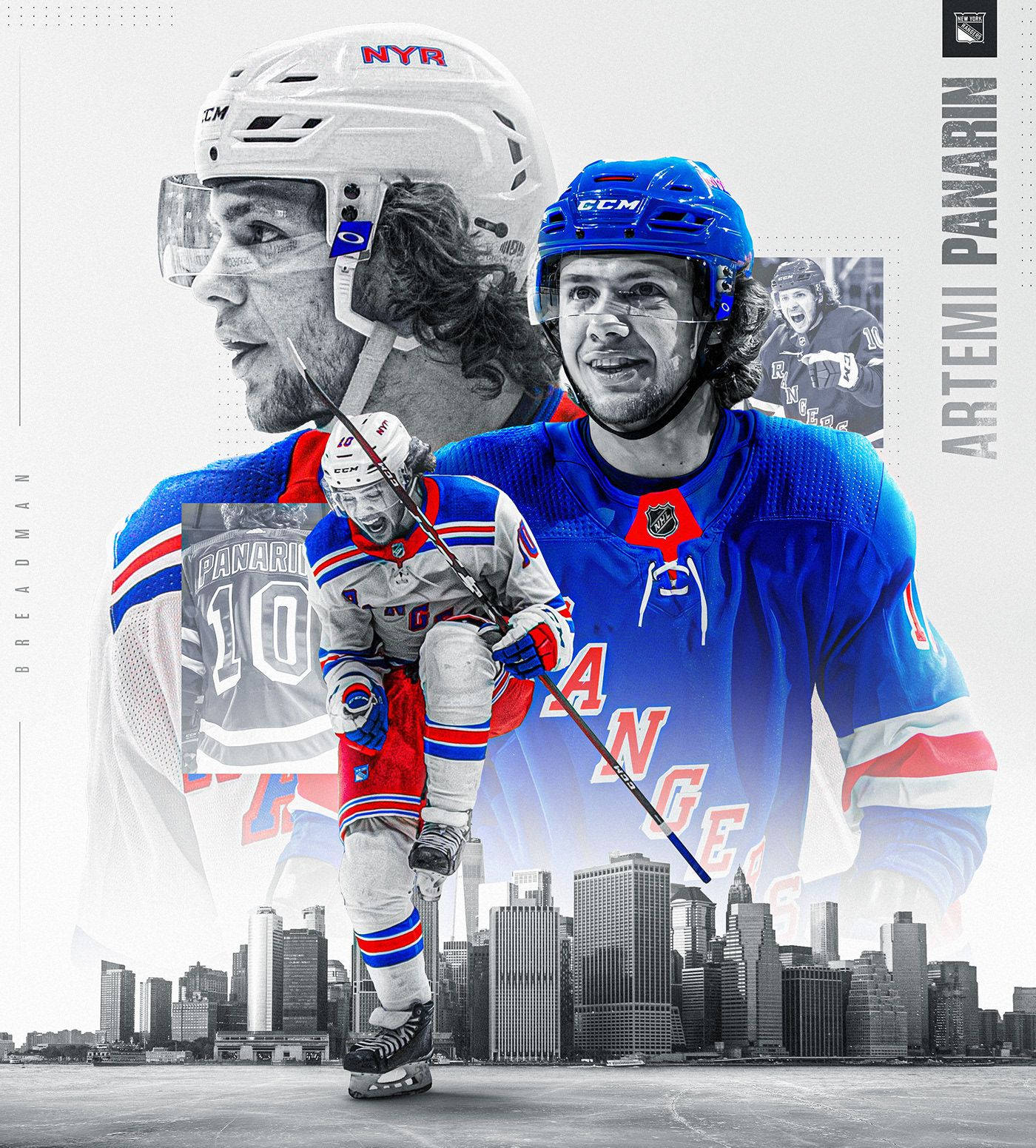 阿特米·帕納林可愛合輯 壁紙 — 冰球運動員 Artemi Panarin 的動態拼貼，包含動作和肖像，背景為黑白紐約市天際線。