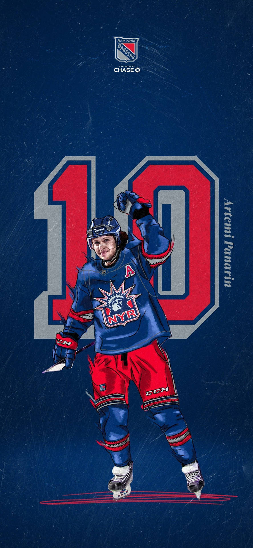 阿特米·帕納林身穿十號球衣 壁紙 — 插圖中的冰球運動員 Artemi Panarin 身穿紐約遊騎兵隊裝備，在帶有紋理的藍色背景上，舉起球棒慶祝，背景上有巨大的數字 10。